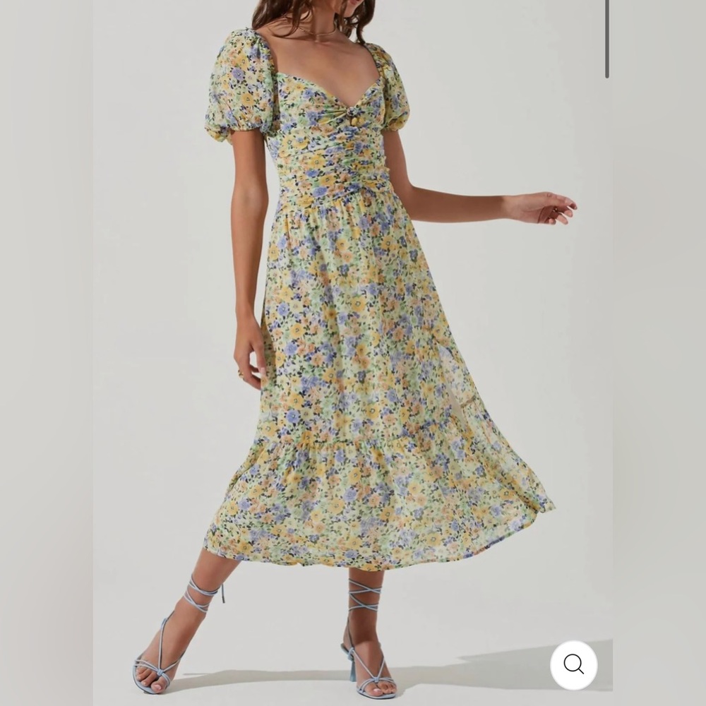 ASTR IRMA puff sleeve dress in yellow & blue floral, size medium, NWT